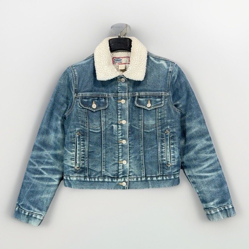 Old Navy Womens Small Sherpa Lined Denim Jacket Trucker Jean Fleece Collar Blue